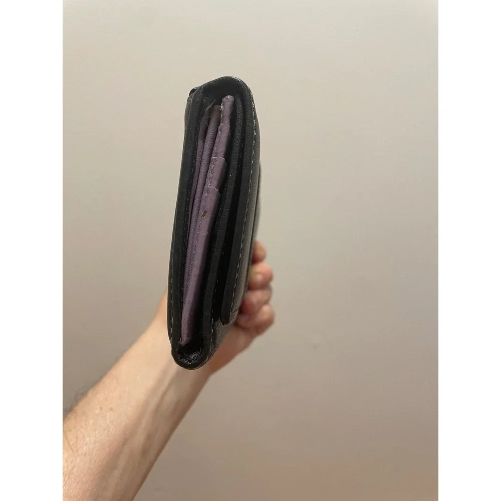 Coach Black Leather Wallet Slim Envelope Lavender Interior Contrast Stitch